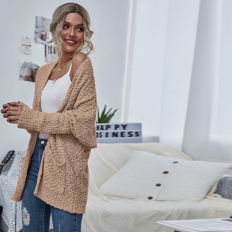 

Open Front Popcorn Knit Cardigan, Apricot