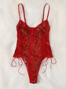 Embroidered Mesh Lace-Up Teddy Bodysuit Lingerie UnderwearOuter - Red - View 3