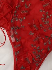 Embroidered Mesh Lace-Up Teddy Bodysuit Lingerie UnderwearOuter - Red - View 4