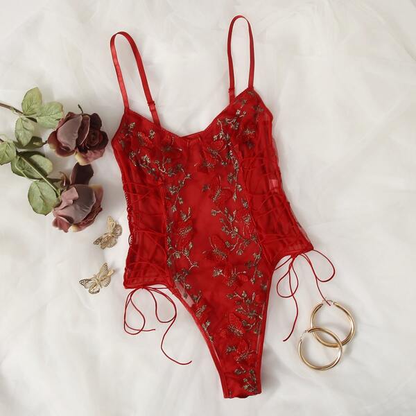 

Embroidered Butterfly Mesh Lace-Up Teddy Bodysuit, Red