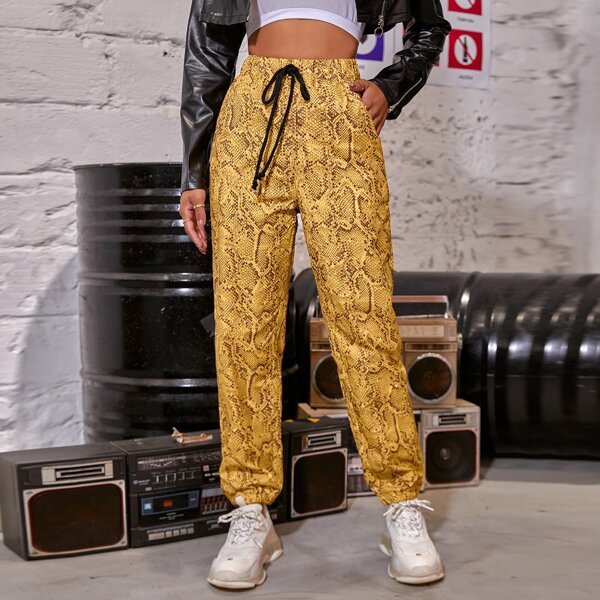 

Drawstring Waist Snakeskin Pants, Mustard yellow