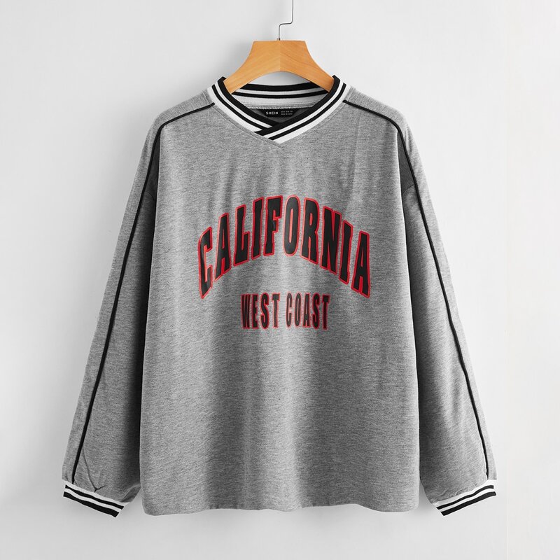 

Drop Shoulder Striped & Letter Graphic Sweatshirt, Grey