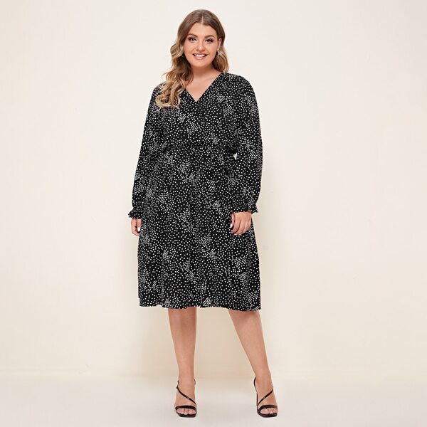 

Plus Polka Dot Tie Side A-line Dress, Black