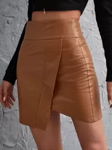 SHEIN Privé 素色不對稱下擺PU皮革半身裙 - 棕色 - 查看 4