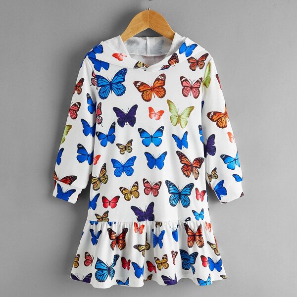

Toddler Girls Allover Butterfly Print Ruffle Hem Hoodie Dress, Multicolor