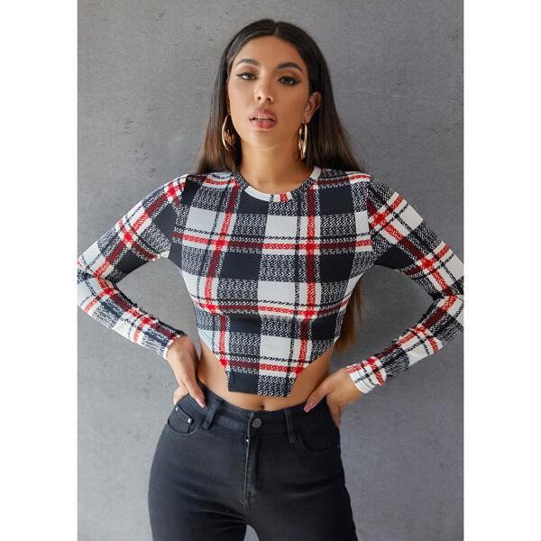 

Asymmetrical Hem Plaid Crop Top, Multicolor