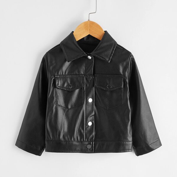 

Toddler Girls Flap Pocket PU Leather Jacket, Black