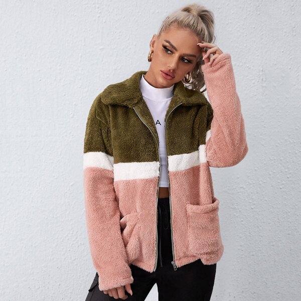 

Color Block Zipper Up Shearling Coat, Multicolor