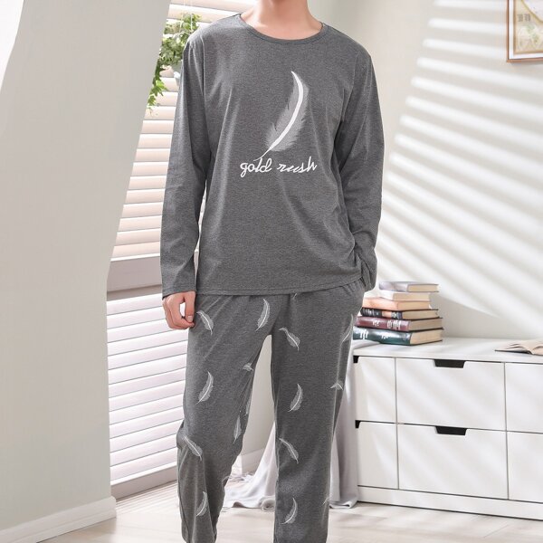 

Men Feather & Letter Graphic PJ Set, Grey