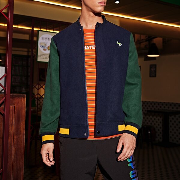 

Men Color Block Embroidery Bird Zipper Front Jacket, Multicolor