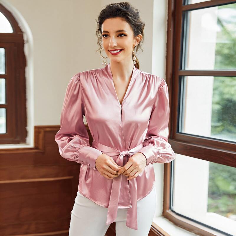 

Solid Button Belted Satin Blouse, Pastel baby pink