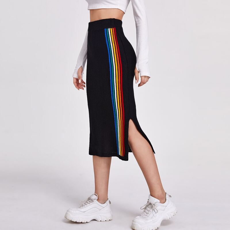 

Rainbow Striped Side Knit Pencil Skirt, Black