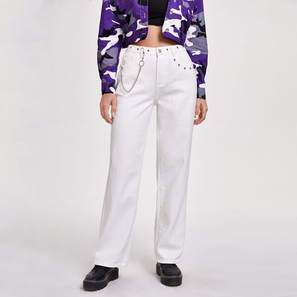 

Chain Detail Garment Eyelets Straight Leg Jeans, White