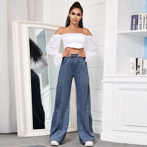

Drawstring Waist Ruched Wide Leg Jeans, Medium wash