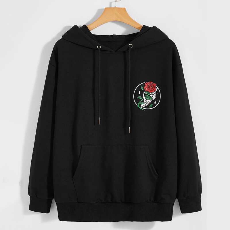 

Guys Kangaroo Pocket Floral Print Hoodie, Black