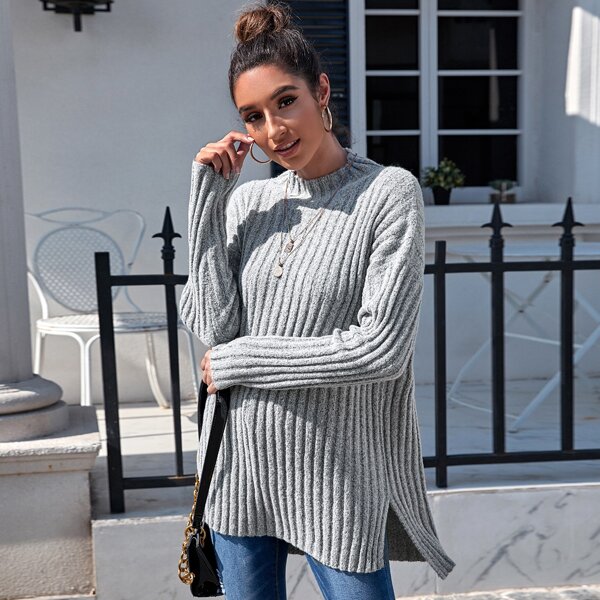 

Split Side Rib-knit Boxy Sweater, Light grey
