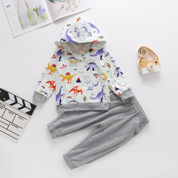 

Baby Boy Cartoon Dinosaur Print Hoodie With Sweatpants, Multicolor