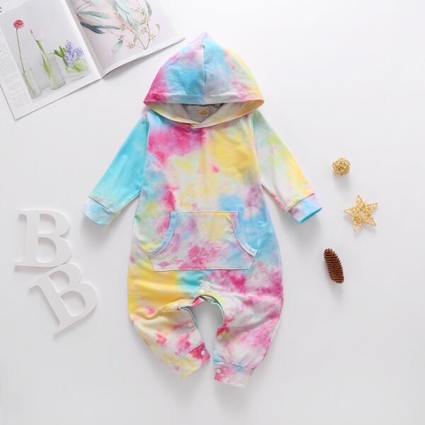 

Baby Girl Tie Dye Kangaroo Pocket Hooded Jumpsuit, Multicolor