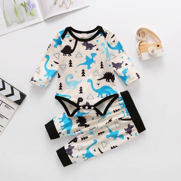 

Baby Boy Dinosaur And Geo Print Bodysuit With Pants, Multicolor
