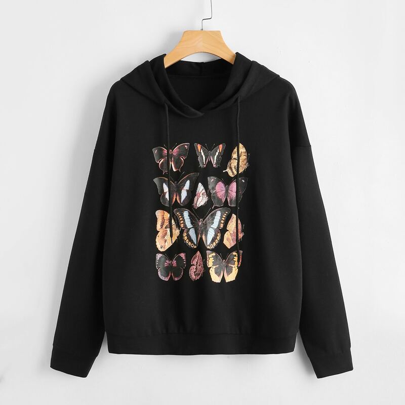 

Butterfly Print Hoodie, Black