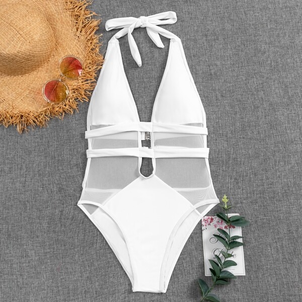 

Contrast Mesh Plunging Halter One Piece Swimsuit, White