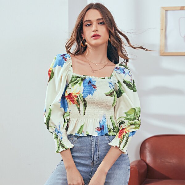 

Tropical Print Shirred Peplum Blouse, Beige