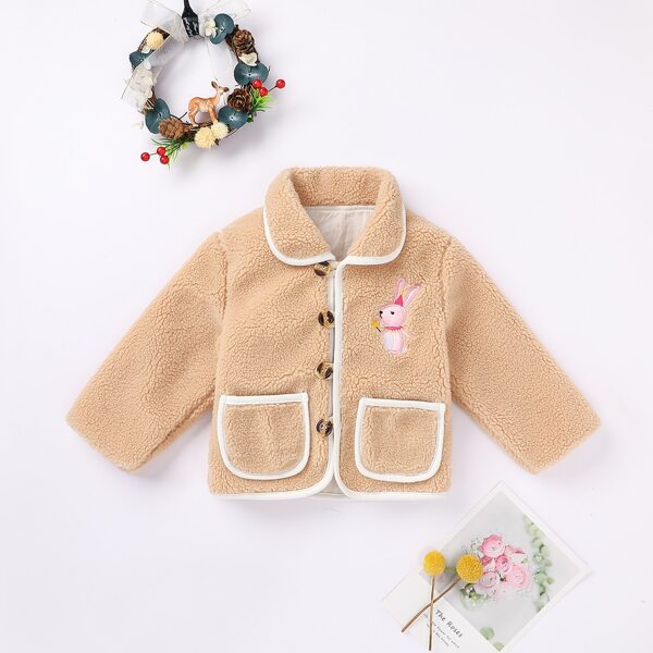 

Baby Girl Rabbit Embroidered Button Through Teddy Coat, Apricot
