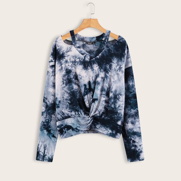 

Plus Tie Dye Cold Shoulder Twist Tee, Blue and white