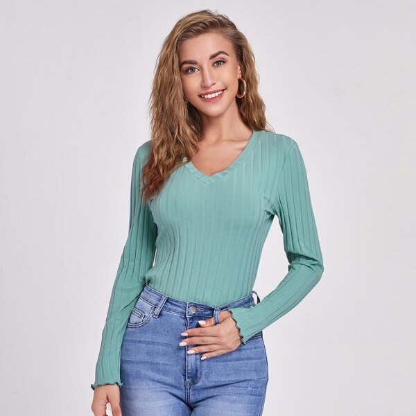 

Lettuce Trim Rib-knit Tee, Mint green
