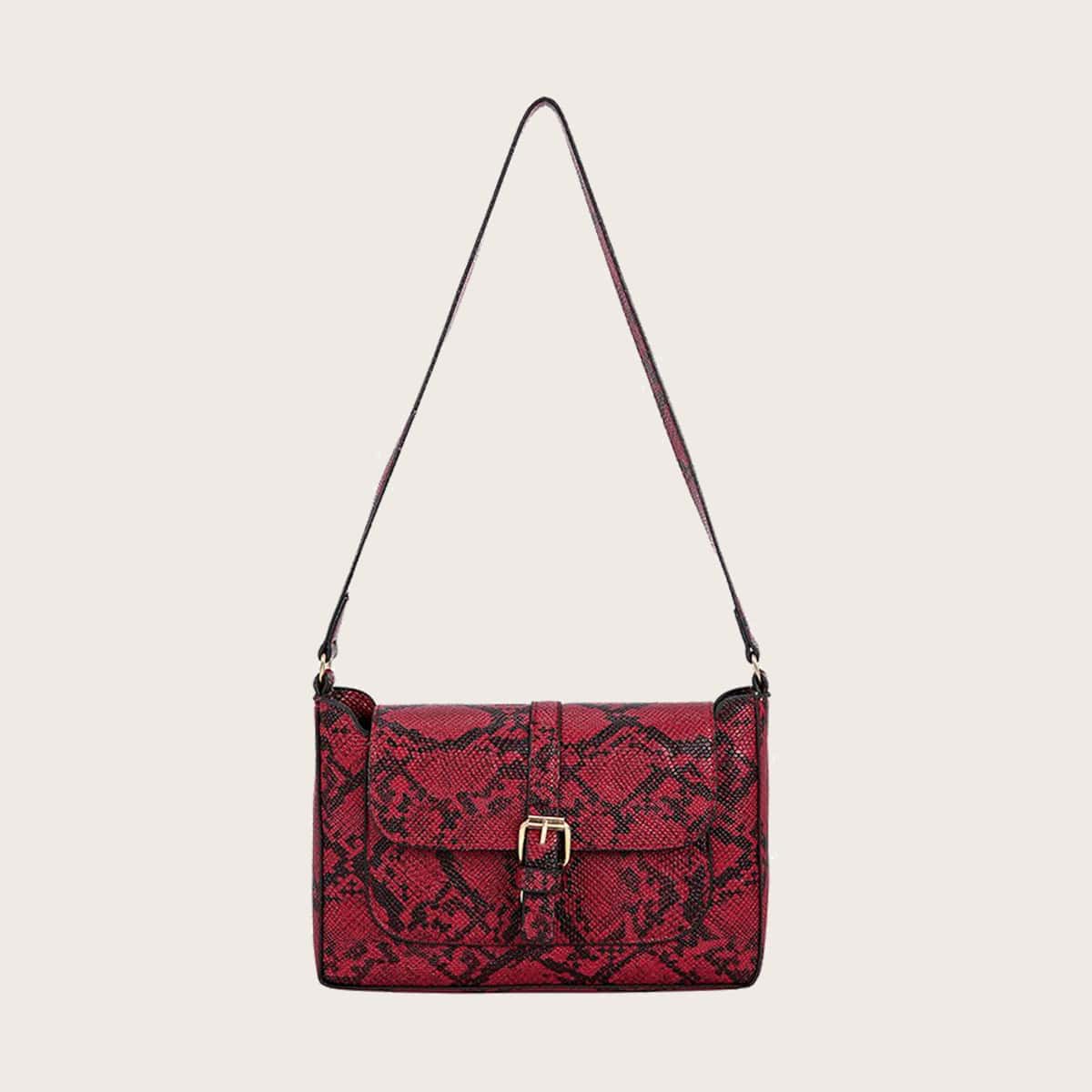 

Snakeskin Pattern Flap Tote Bag, Red