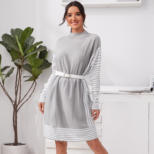 

Striped Colorblock Stand Collar Sweater Dress Without Belt, Light grey