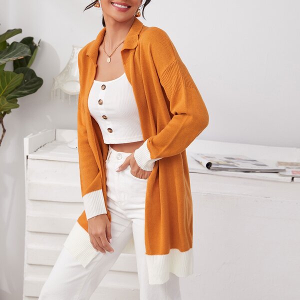 

Colorblock Drop Shoulder Open Front Cardigan, Mustard yellow