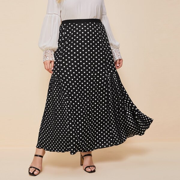 

Plus Polka Dot Pleated Hem Skirt, Black