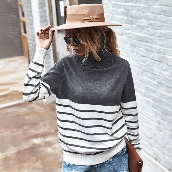 

Striped Ribbed Knit Turtle Neck Sweater, Multicolor