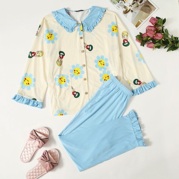 

Contrast Collar Frill Trim Cartoon Graphic Tee & Pants PJ Set, Multicolor