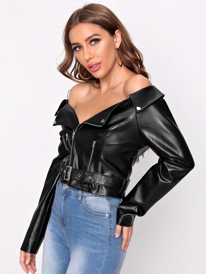 off shoulder leather jacket plus size
