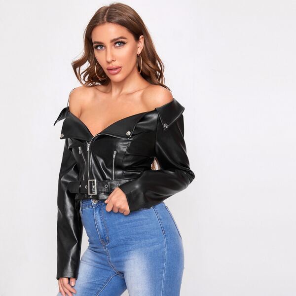 

Foldover Off Shoulder Buckle Belted PU Leather Jacket, Black