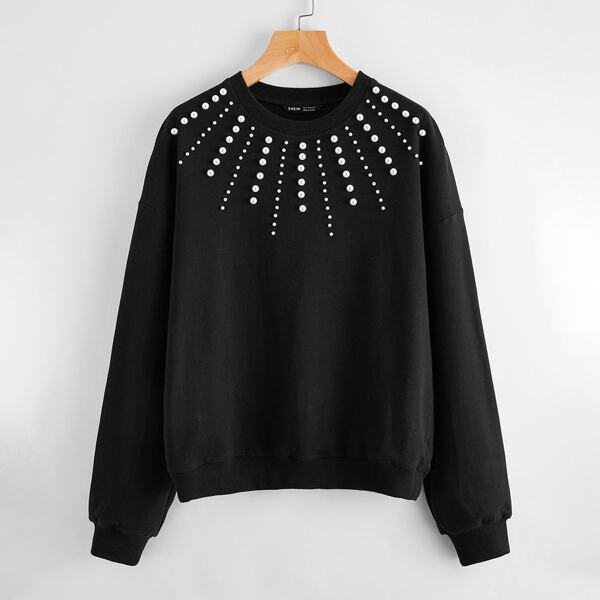 

Drop Shoulder Pearl Beaded Pullover, Black