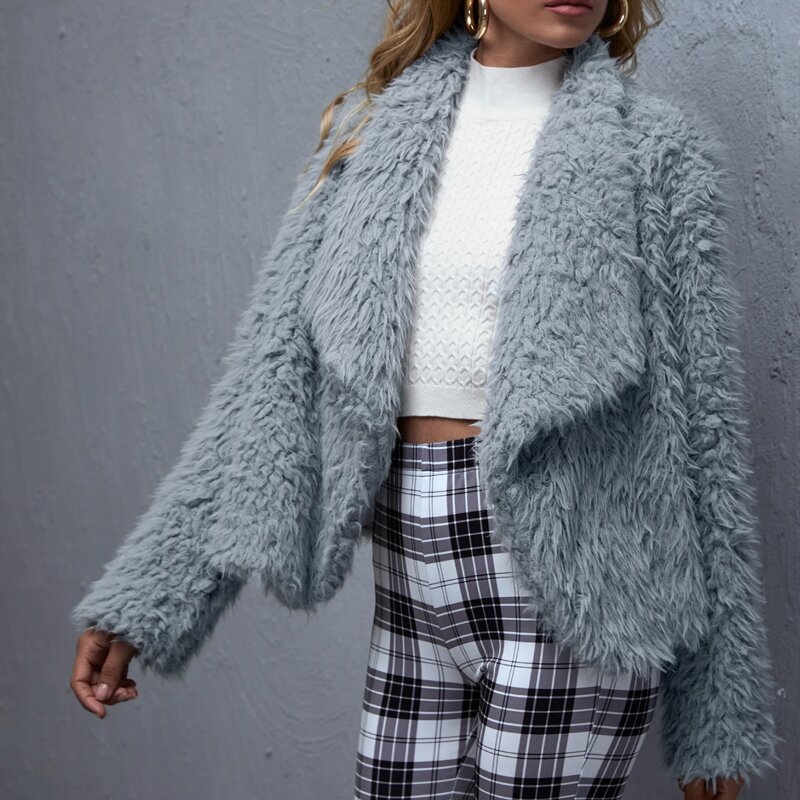 

Solid Faux Fur Waterfall Coat, Light grey