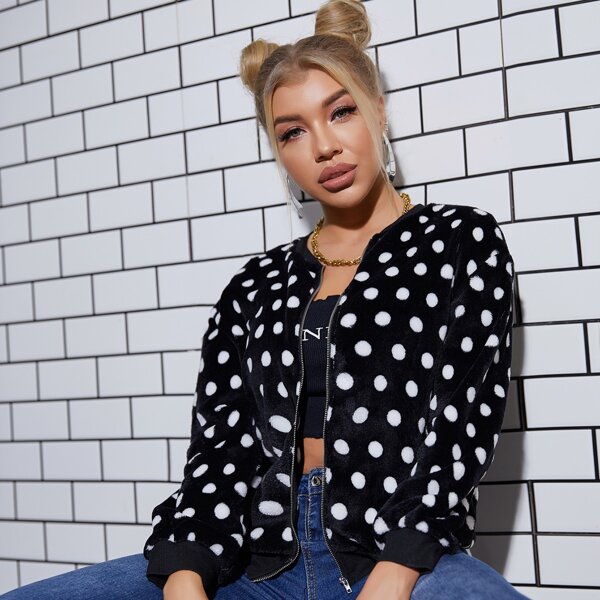 

Polka Dot Zip Up Teddy Jacket, Black