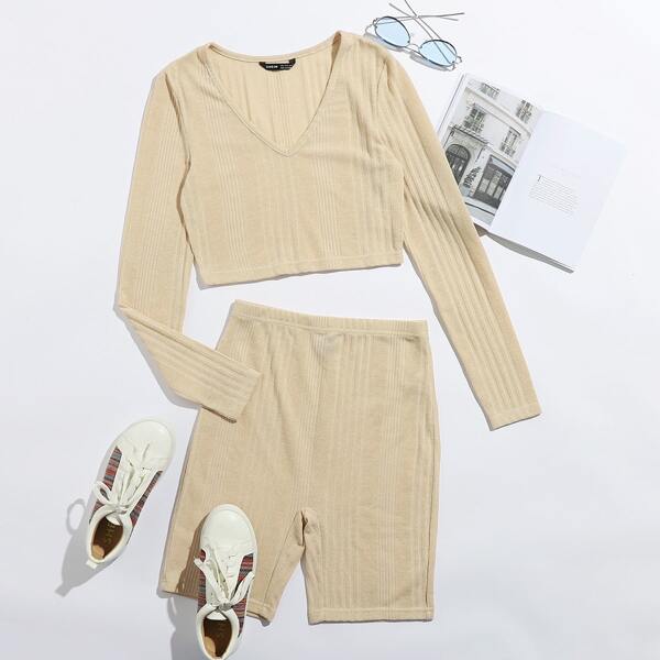 

Rib-knit Crop Tee & Biker Shorts Set, Khaki