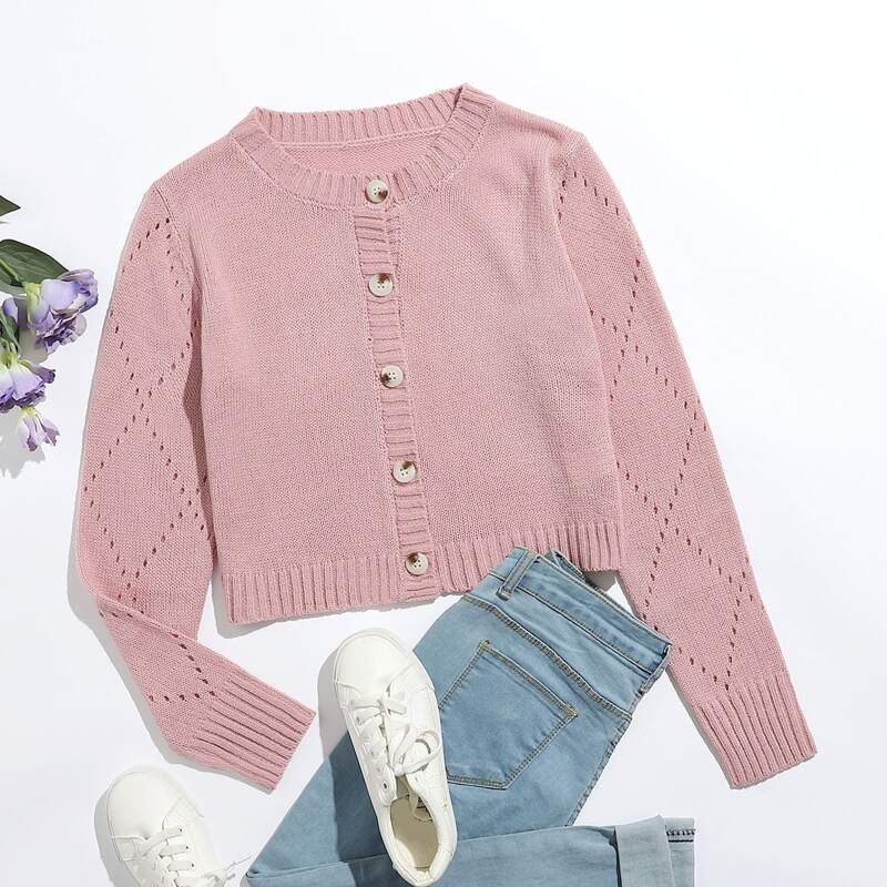 

Button Front Pointelle Knit Crop Cardigan, Dusty pink