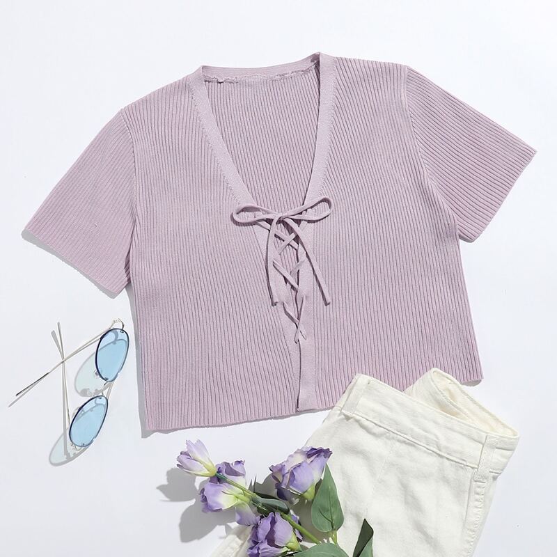 

Lace Up Front Rib-knit Cardigan, Pastel lilac purple