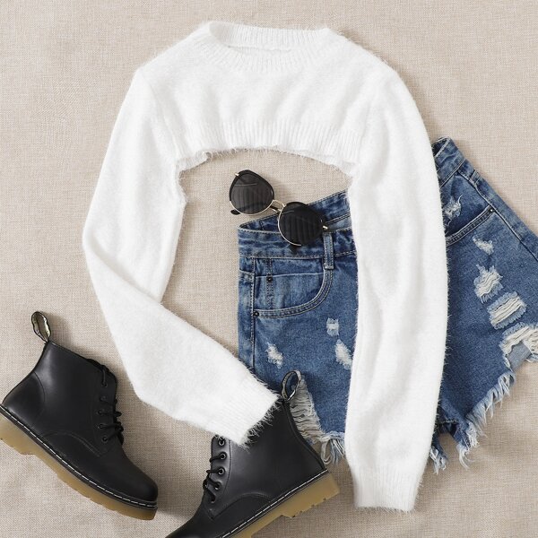 

Fuzzy Knit Super Crop Sweater Without Bra, White