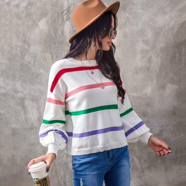 

Striped Pattern Drop Shoulder Sweater, White