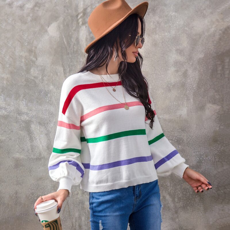 

Striped Pattern Drop Shoulder Sweater, White