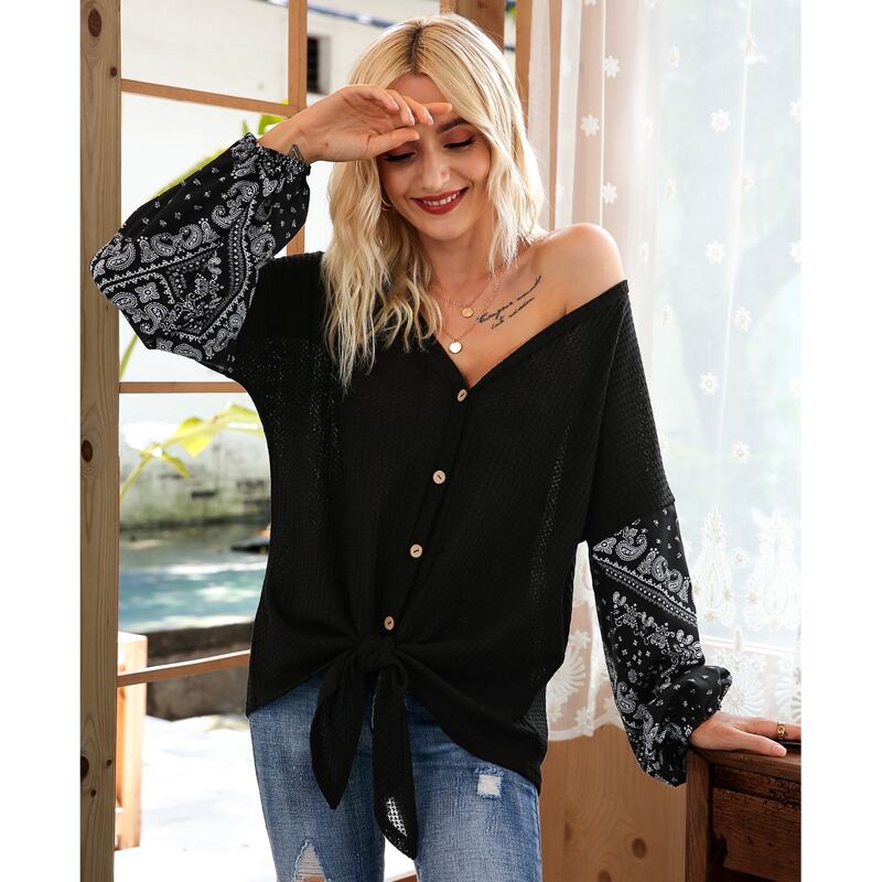 

Scarf & Paisley Print Knot Hem Oversized Top, Black