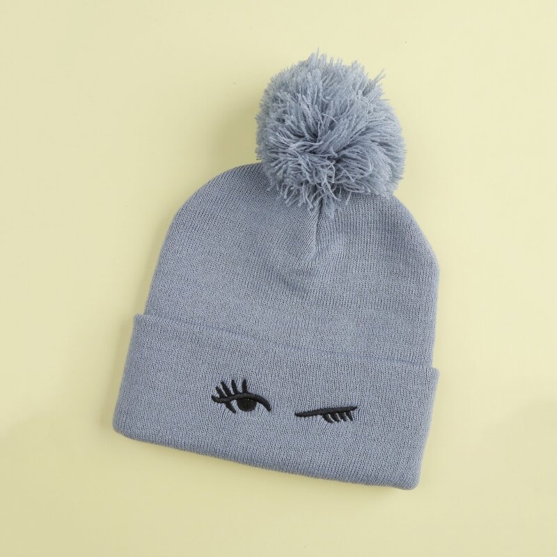 

Pom Pom Decor Eyelashes Embroidery Beanie, Grey