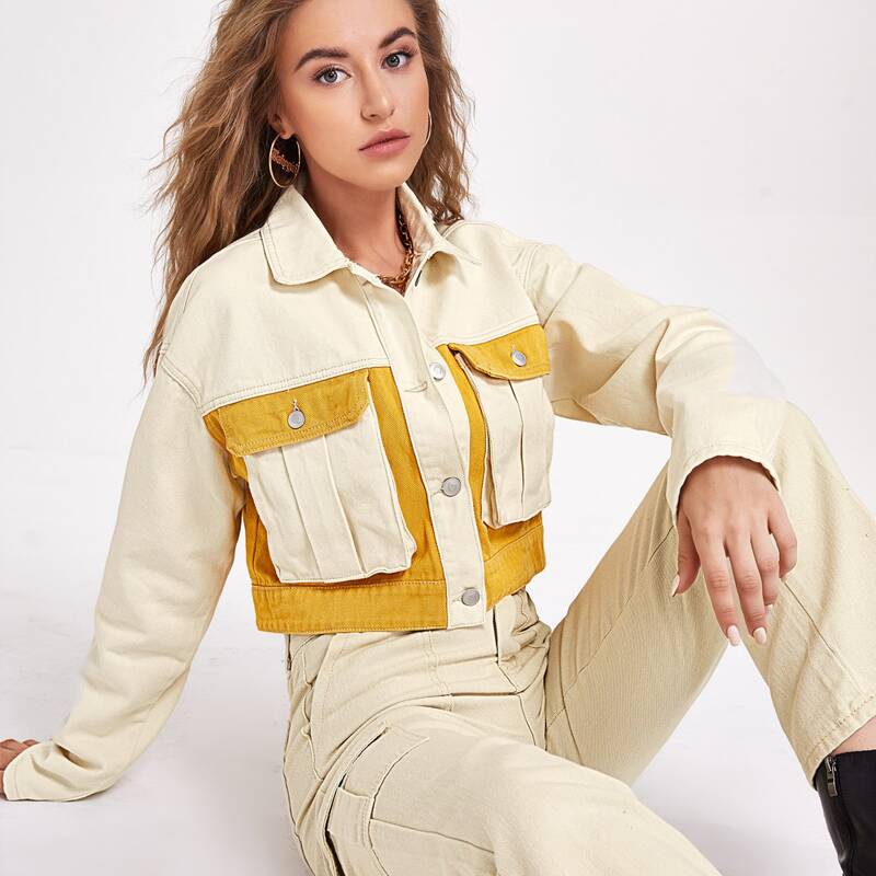 

Flap Pocket Colorblock Crop Denim Jacket, Multicolor