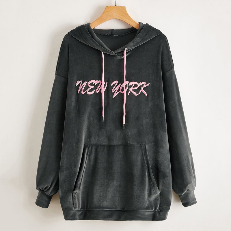 

Letter Embroidery Drop Shoulder Drawstring Hoodie, Dark grey